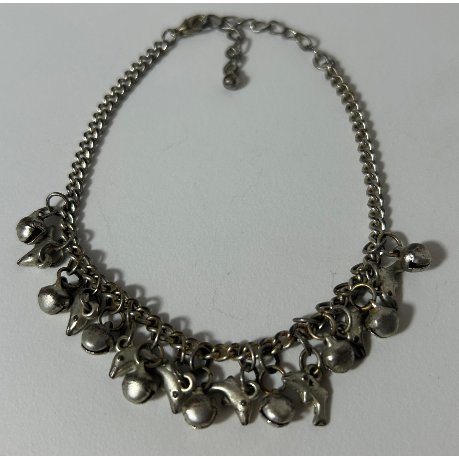 Vintage Charm Bracelet With Bells & Dolphins Silver Tone 9.5”
